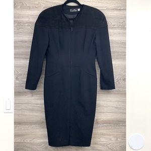 Vintage 80’s black wool suede leather zip front wiggle cocktail midi dress